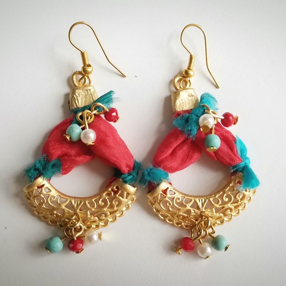 Red And Gold Dangle Earring with Beads